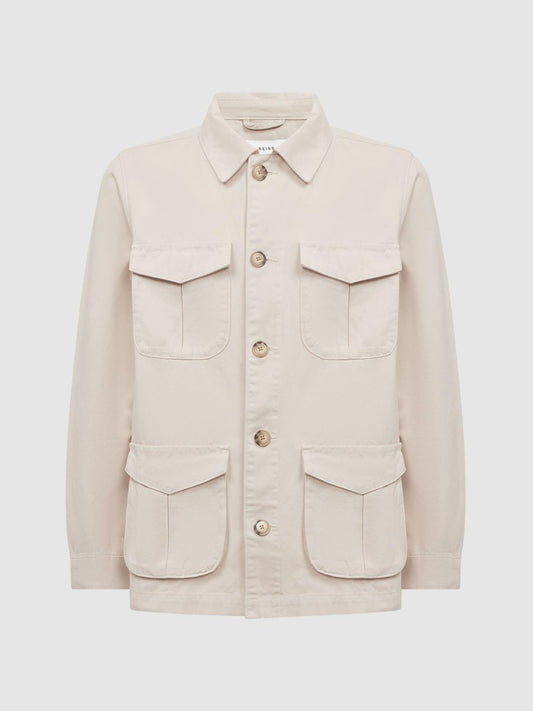 Reiss Coats &amp; Jackets | Normanby Button Through Long Sleeve Cotton Overshirt Ecru - Men