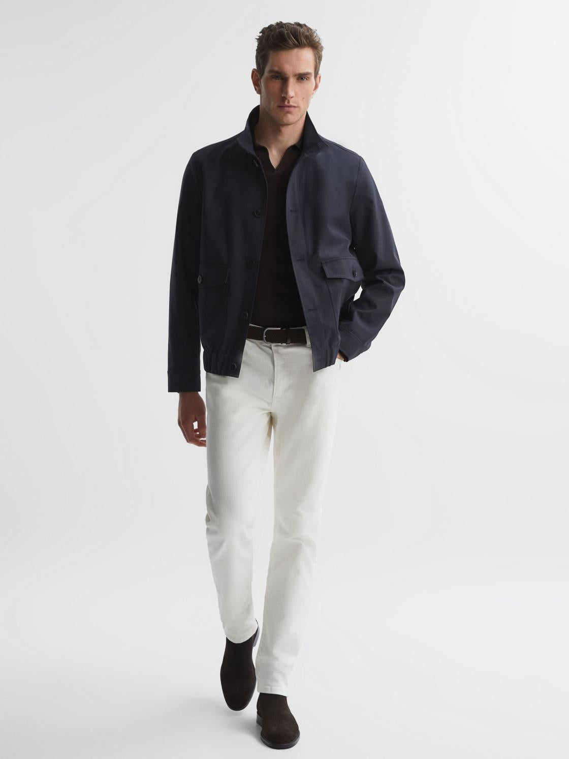 Reiss Coats &amp; Jackets | Ozark High Neck Button Through Blouson Jacket Navy - Men