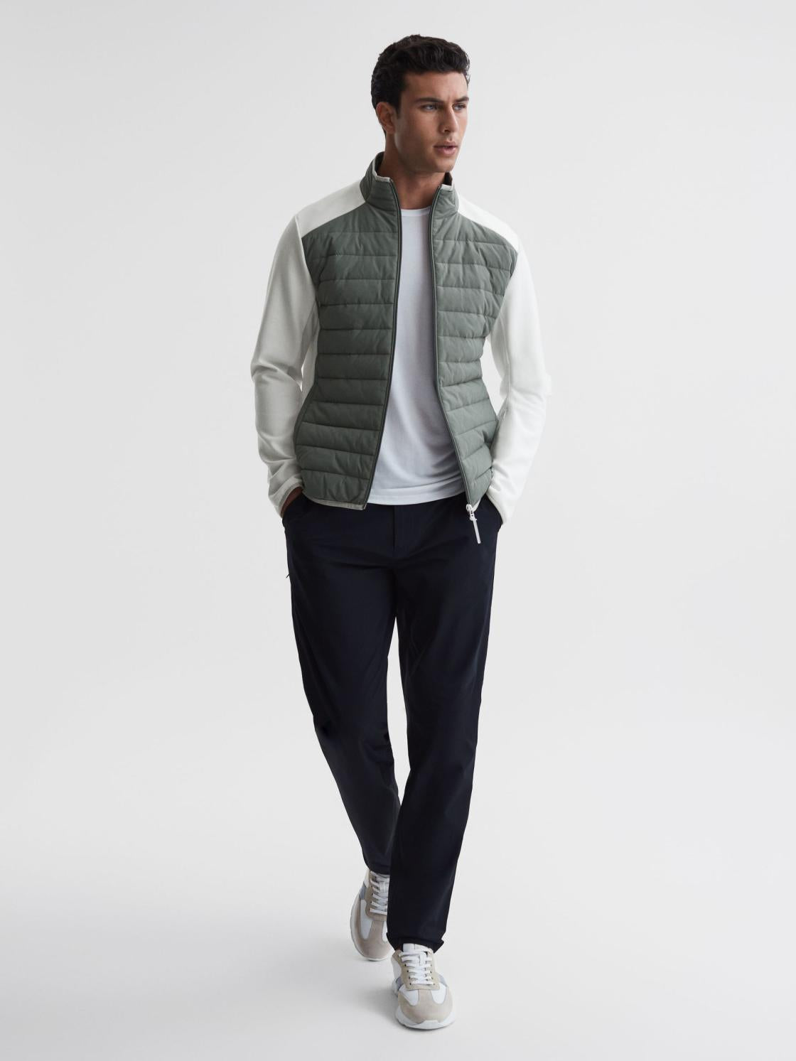 Reiss Coats &amp; Jackets | Player Funnel Neck Hybrid Quilted Jacket Sage/white - Men