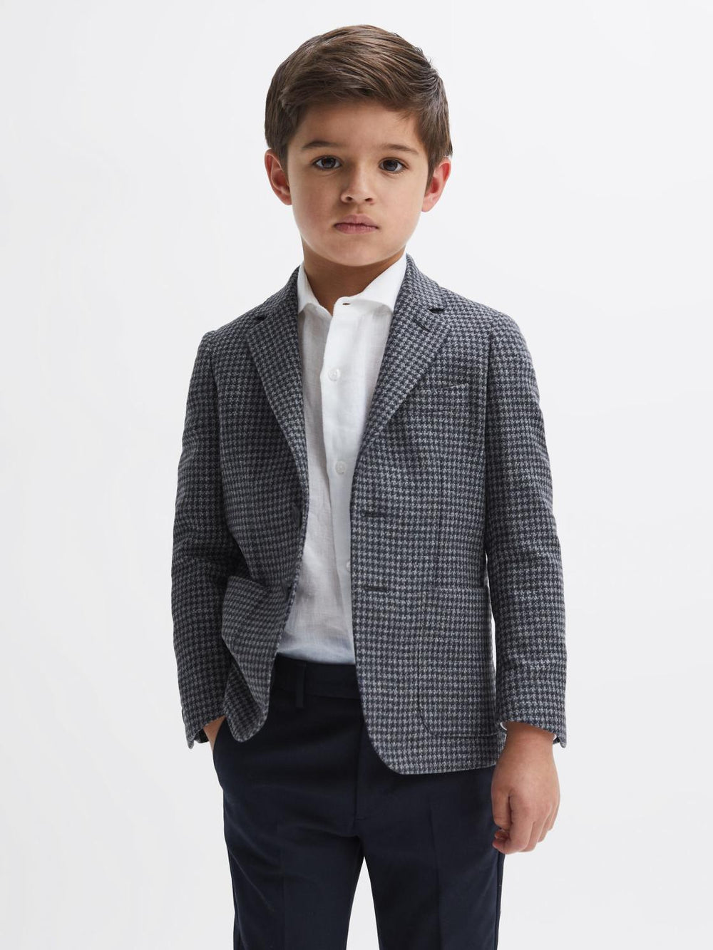 Reiss Coats &amp; Jackets | Progress Junior Puppytooth Single Breasted Blazer Navy/brown Puppytooth - Children