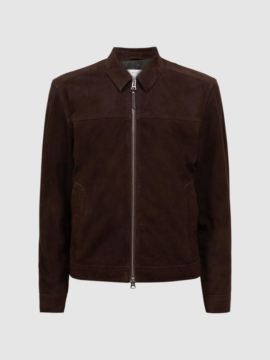 Reiss Coats &amp; Jackets | Riley Suede Zip-Through Jacket Chocolate - Men