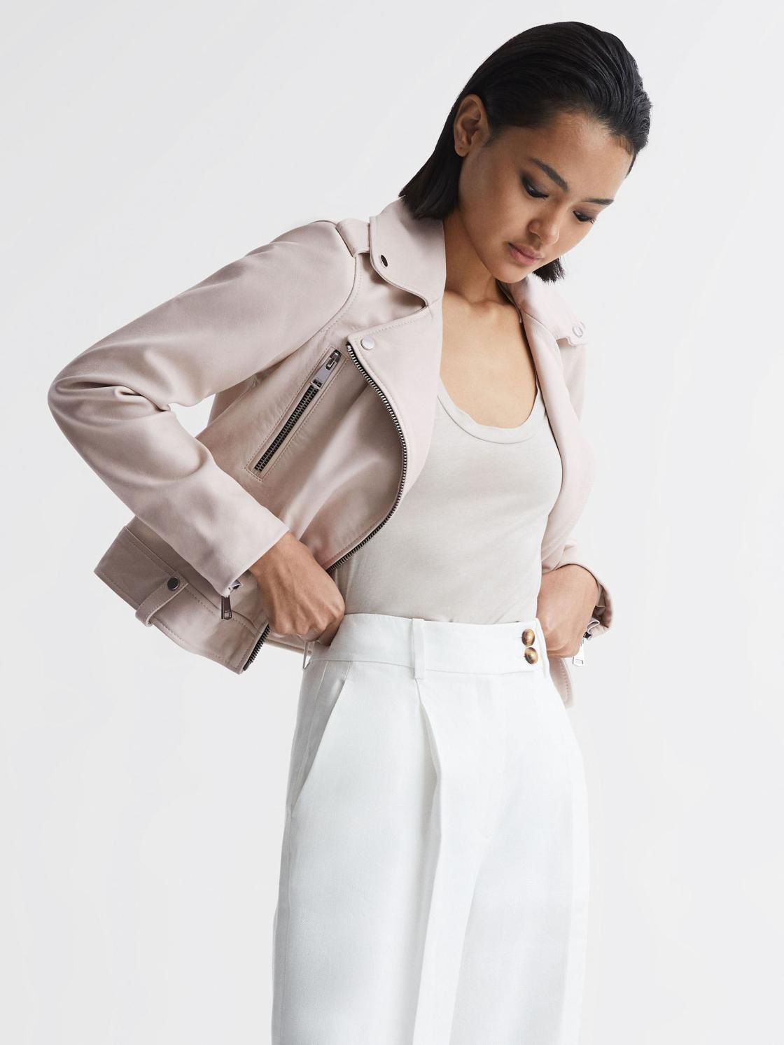 Reiss Coats &amp; Jackets | Santiago Leather Biker Jacket Off White - Women