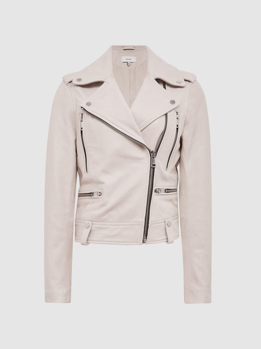 Reiss Coats &amp; Jackets | Santiago Leather Biker Jacket Off White - Women