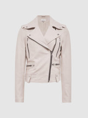 Reiss Coats &amp; Jackets | Santiago Leather Biker Jacket Off White - Women