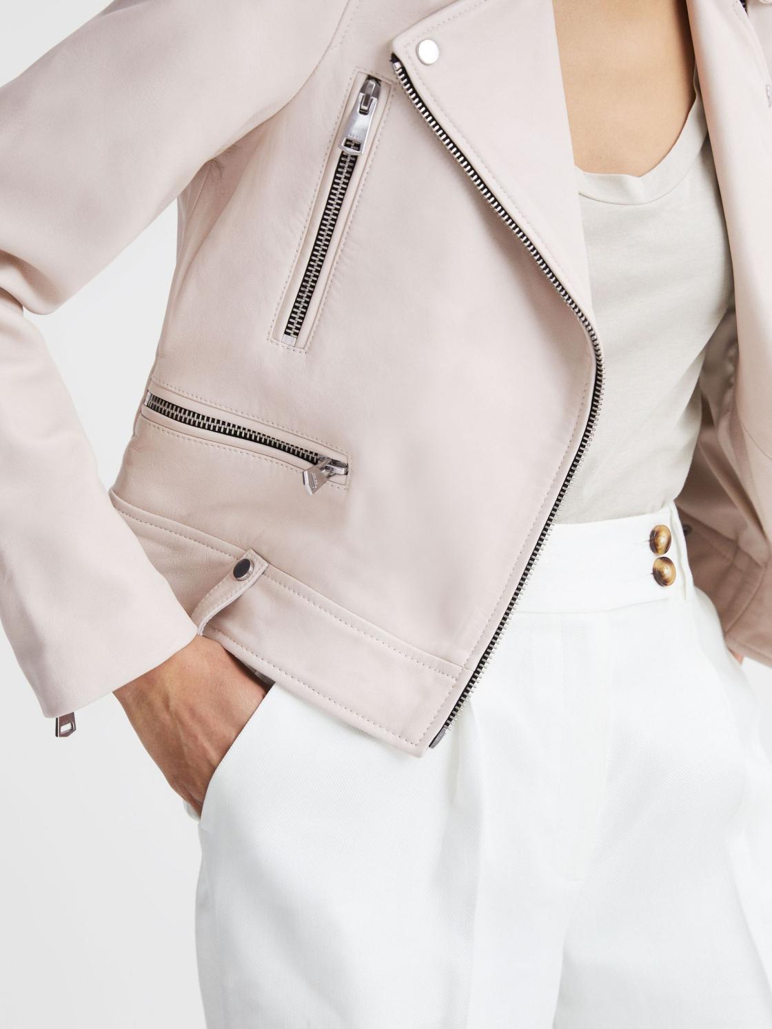 Reiss Coats &amp; Jackets | Santiago Leather Biker Jacket Off White - Women