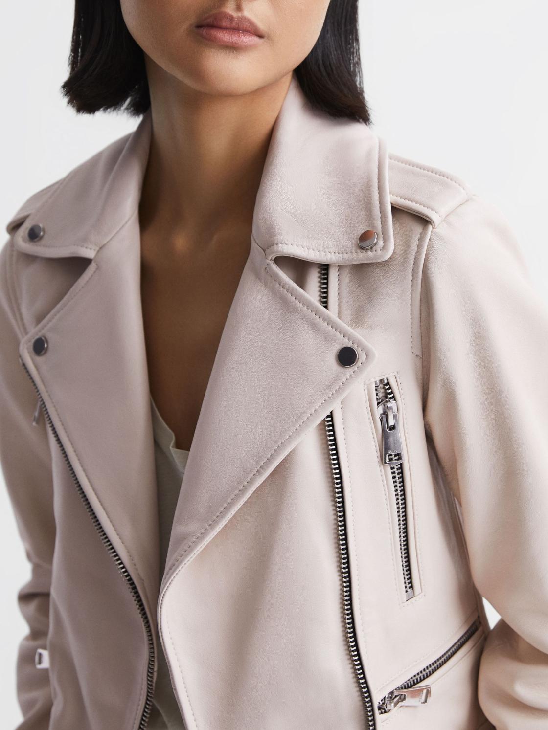Reiss Coats &amp; Jackets | Santiago Leather Biker Jacket Off White - Women