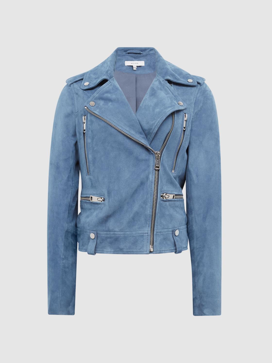 Reiss Coats &amp; Jackets | Santiago Suede Suede Biker Jacket Blue - Women