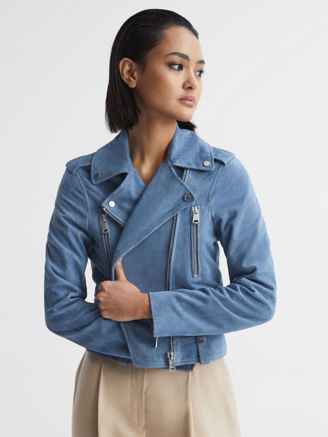 Reiss Coats &amp; Jackets | Santiago Suede Suede Biker Jacket Blue - Women