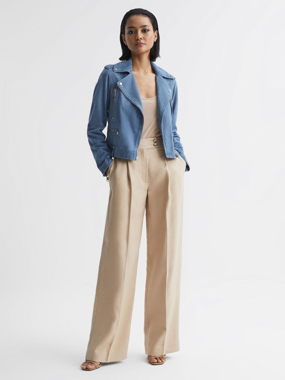 Reiss Coats &amp; Jackets | Santiago Suede Suede Biker Jacket Blue - Women