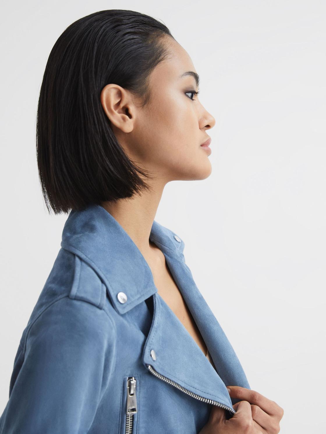 Reiss Coats &amp; Jackets | Santiago Suede Suede Biker Jacket Blue - Women