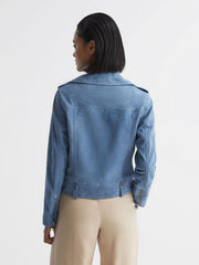 Reiss Coats &amp; Jackets | Santiago Suede Suede Biker Jacket Blue - Women