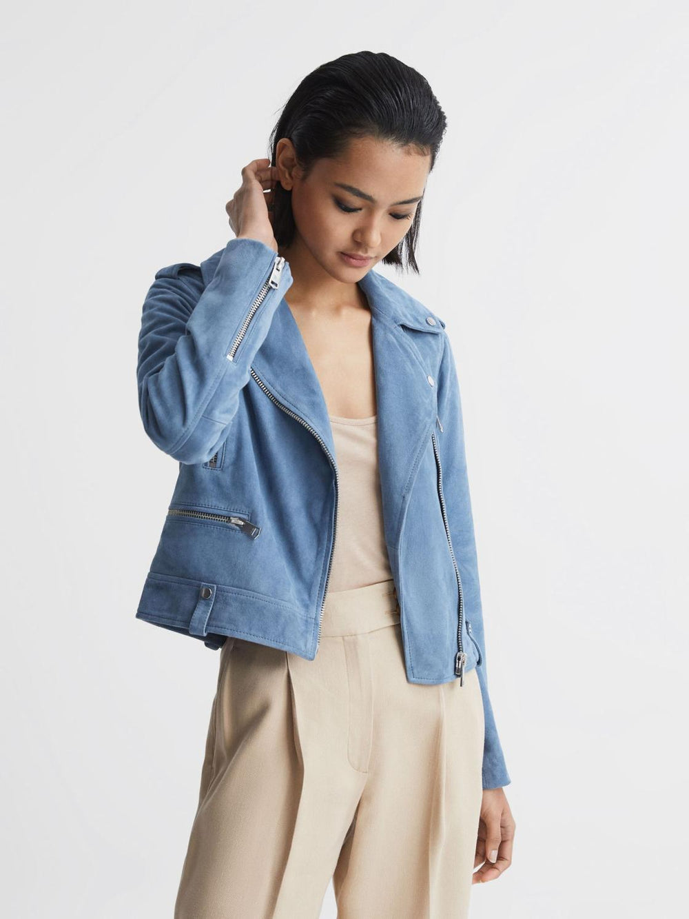 Reiss Coats &amp; Jackets | Santiago Suede Suede Biker Jacket Blue - Women