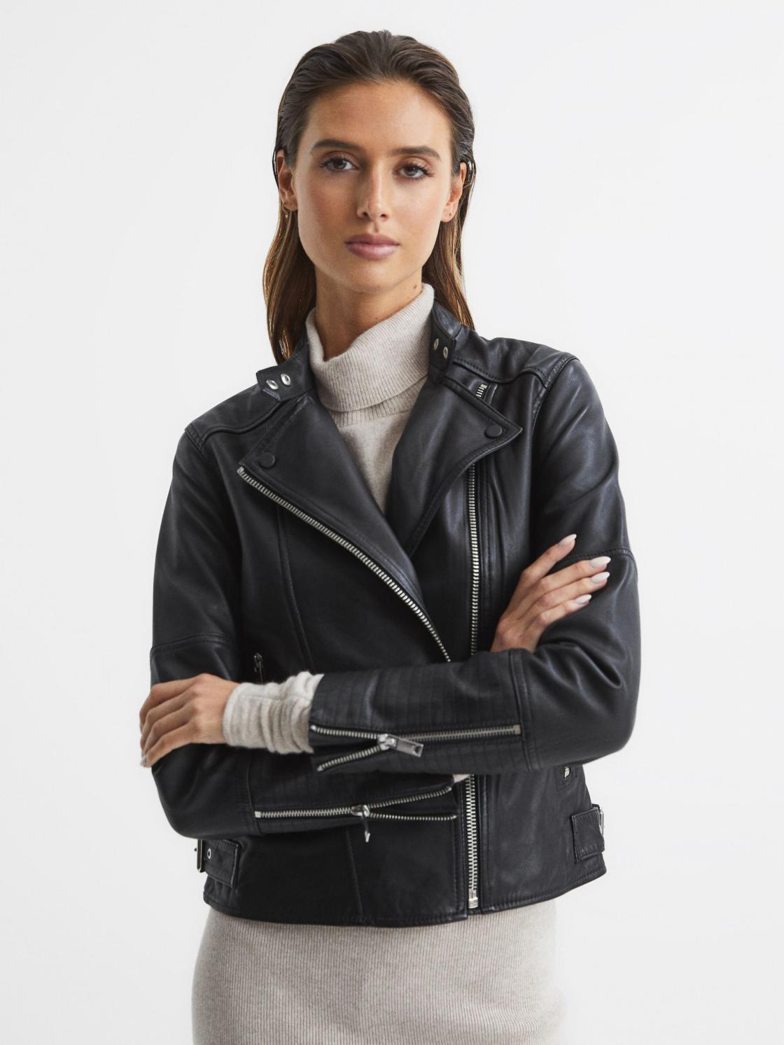 Reiss Coats &amp; Jackets | Tallis Leather Biker Jacket Black - Women