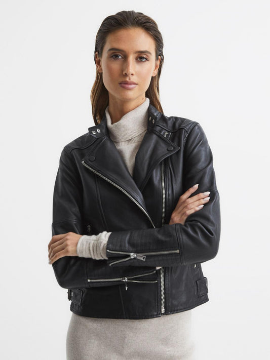 Reiss Coats &amp; Jackets | Tallis Leather Biker Jacket Black - Women