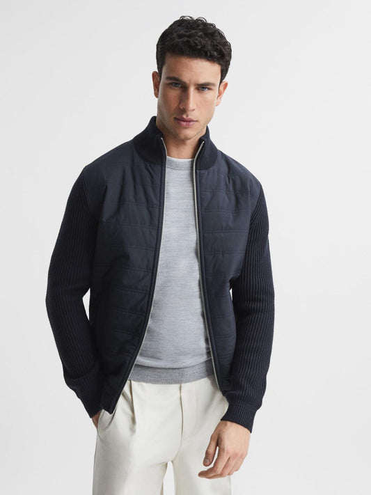 Reiss Coats &amp; Jackets | Trainer Hybrid Zip Through Quilted Jumper Navy - Men