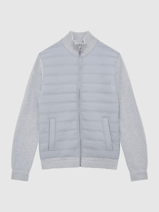 Reiss Coats &amp; Jackets | Trainer Hybrid Zip Through Quilted Jumper Soft Grey - Men
