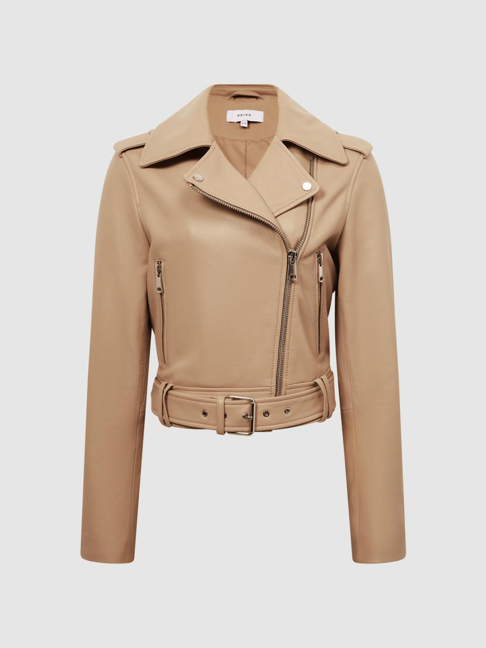 Reiss Coats &amp; Jackets | Tyler Leather Biker Jacket Neutral - Women