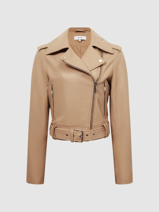 Reiss Coats &amp; Jackets | Tyler Leather Biker Jacket Neutral - Women
