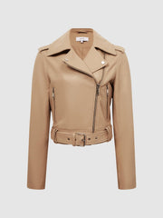 Reiss Coats &amp; Jackets | Tyler Leather Biker Jacket Neutral - Women