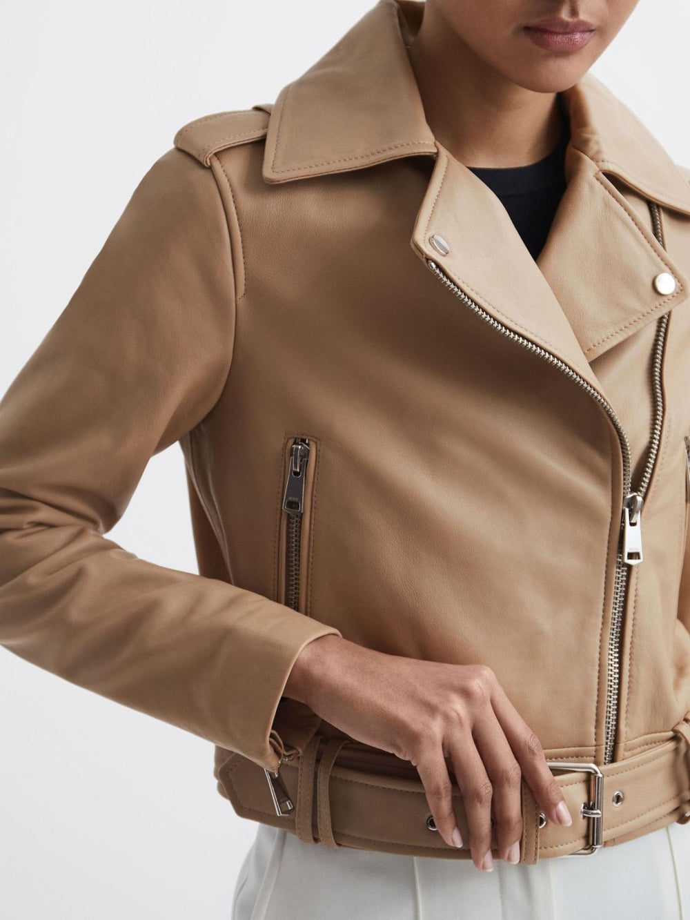 Reiss Coats &amp; Jackets | Tyler Leather Biker Jacket Neutral - Women