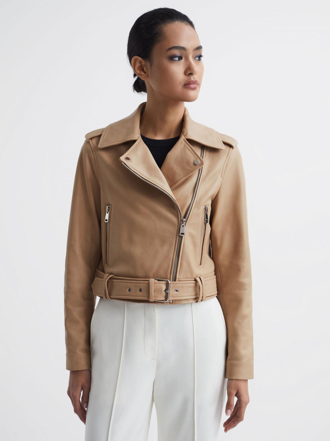Reiss Coats &amp; Jackets | Tyler Leather Biker Jacket Neutral - Women