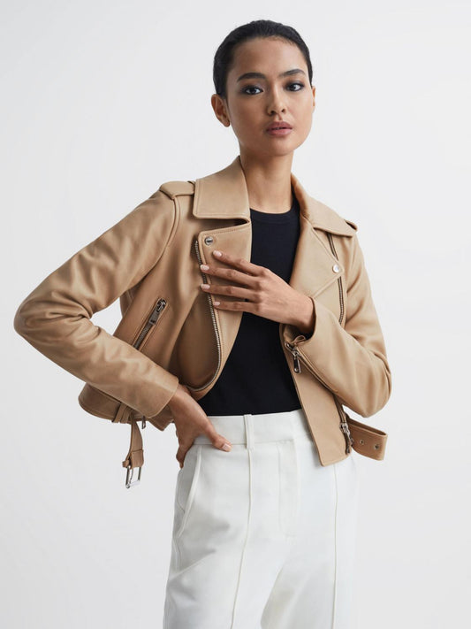 Reiss Coats &amp; Jackets | Tyler Leather Biker Jacket Neutral - Women