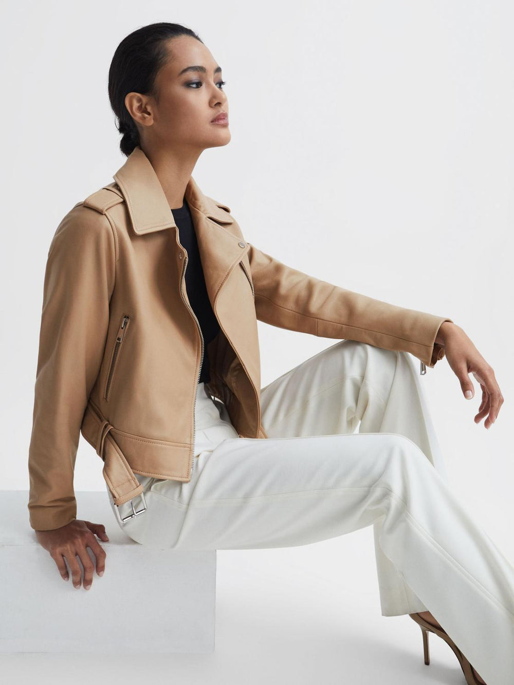 Reiss Coats &amp; Jackets | Tyler Leather Biker Jacket Neutral - Women