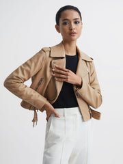Reiss Coats &amp; Jackets | Tyler Leather Biker Jacket Neutral - Women