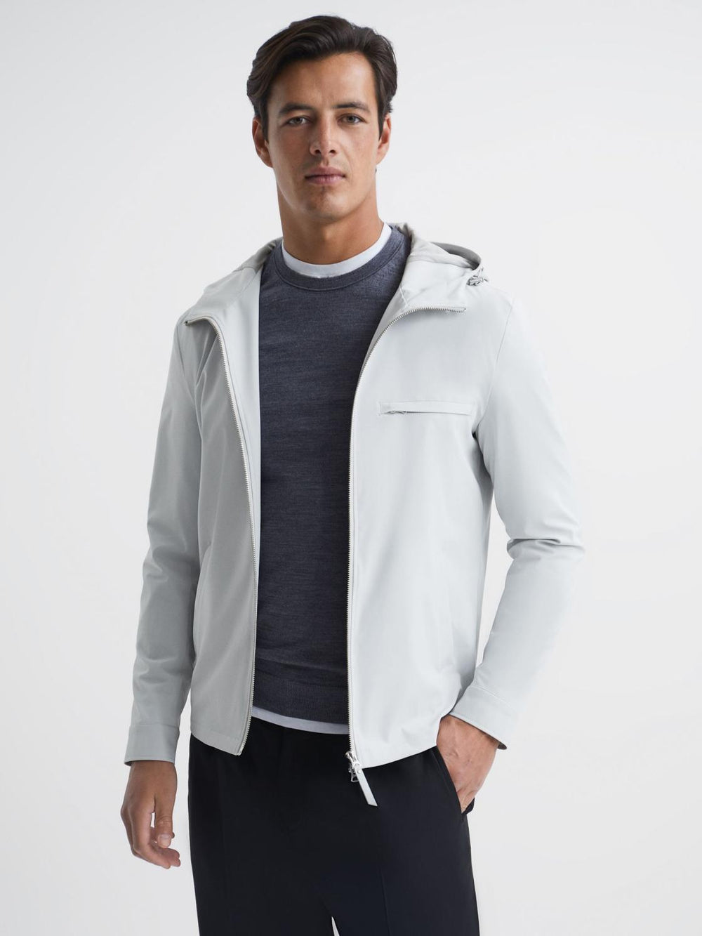 Reiss Coats &amp; Jackets | Zuroke Zip Through Hooded Blouson Jacket Black - Men