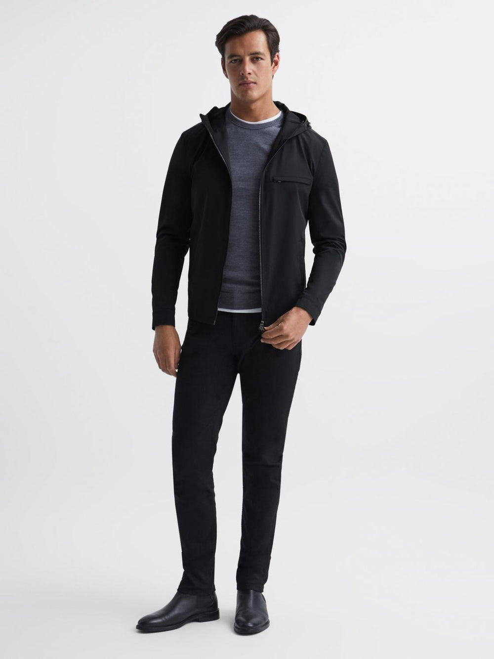 Reiss Coats &amp; Jackets | Zuroke Zip Through Hooded Blouson Jacket Black - Men
