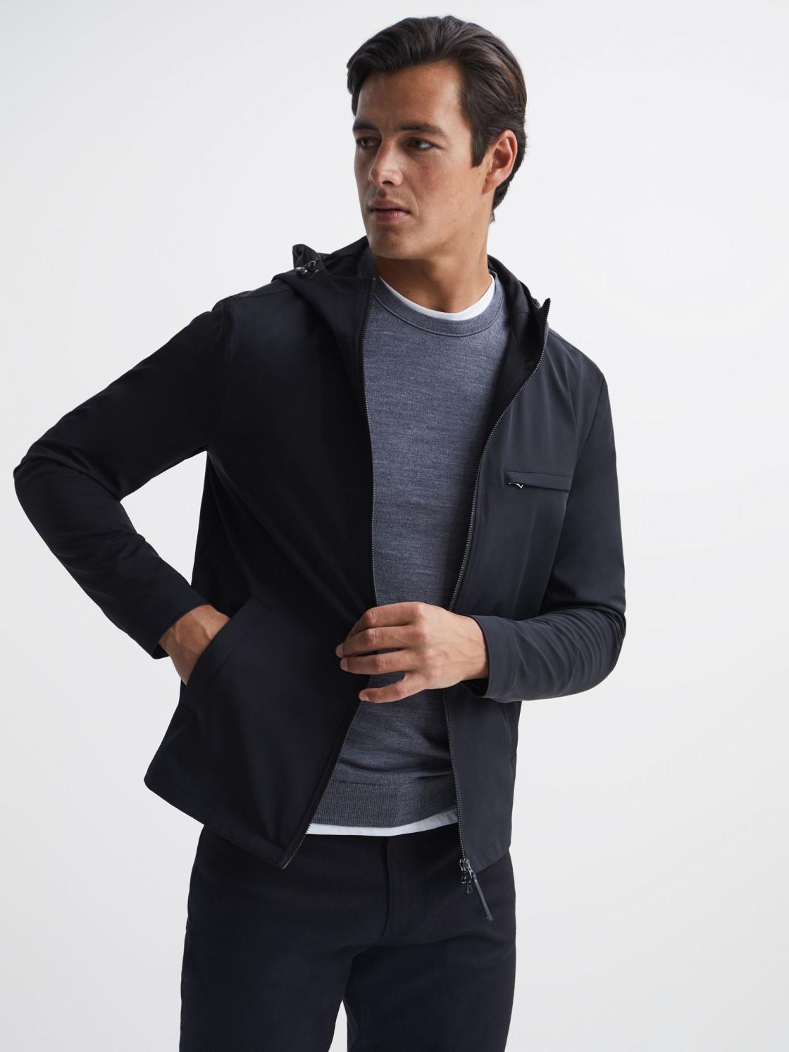 Reiss Coats &amp; Jackets | Zuroke Zip Through Hooded Blouson Jacket Black - Men