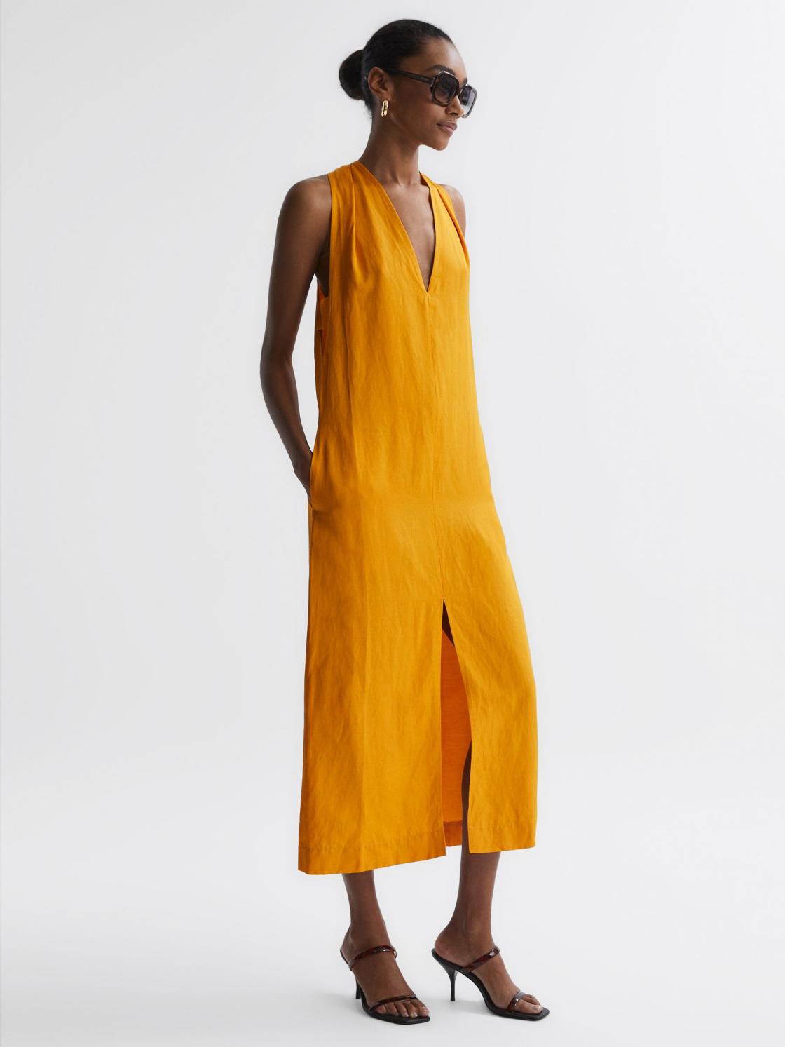 Reiss Dresses | Alda Plunge Neck Midi Dress Yellow - Women