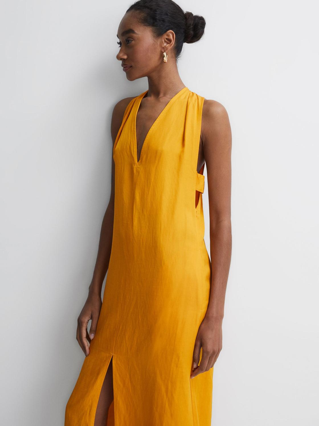Reiss Dresses | Alda Plunge Neck Midi Dress Yellow - Women