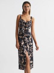 Reiss Dresses | Aleen Floral Print Linen Midi Dress Black/blush - Women