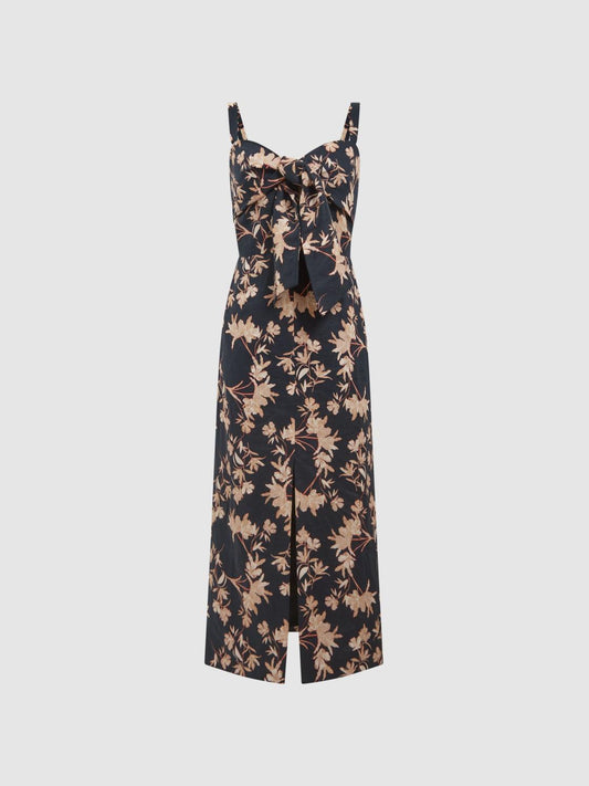 Reiss Dresses | Aleen Floral Print Linen Midi Dress Black/blush - Women