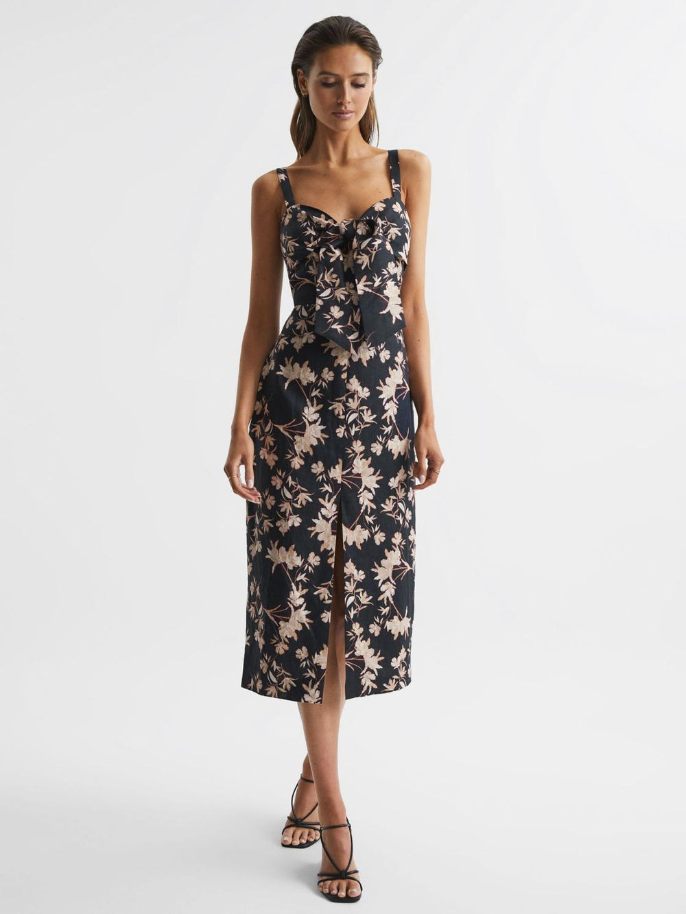 Reiss Dresses | Aleen Floral Print Linen Midi Dress Black/blush - Women