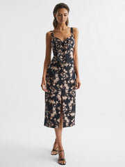 Reiss Dresses | Aleen Floral Print Linen Midi Dress Black/blush - Women