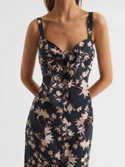 Reiss Dresses | Aleen Floral Print Linen Midi Dress Black/blush - Women
