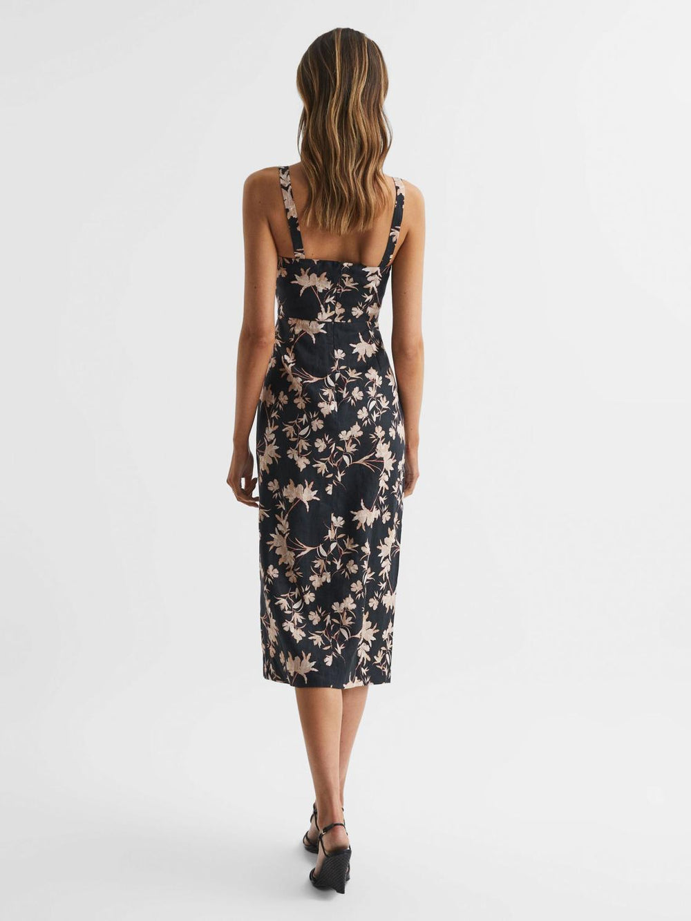 Reiss Dresses | Aleen Floral Print Linen Midi Dress Black/blush - Women