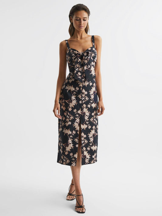 Reiss Dresses | Aleen Floral Print Linen Midi Dress Black/blush - Women