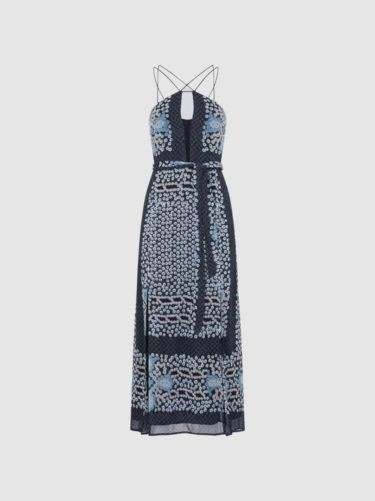 Reiss Dresses | Aliana Floral Print Fitted Midi Dress Navy/blue - Women