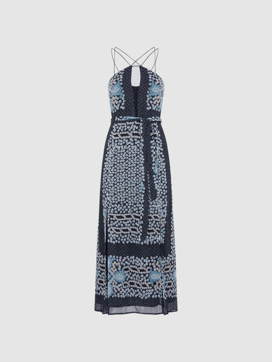 Reiss Dresses | Aliana Floral Print Fitted Midi Dress Navy/blue - Women