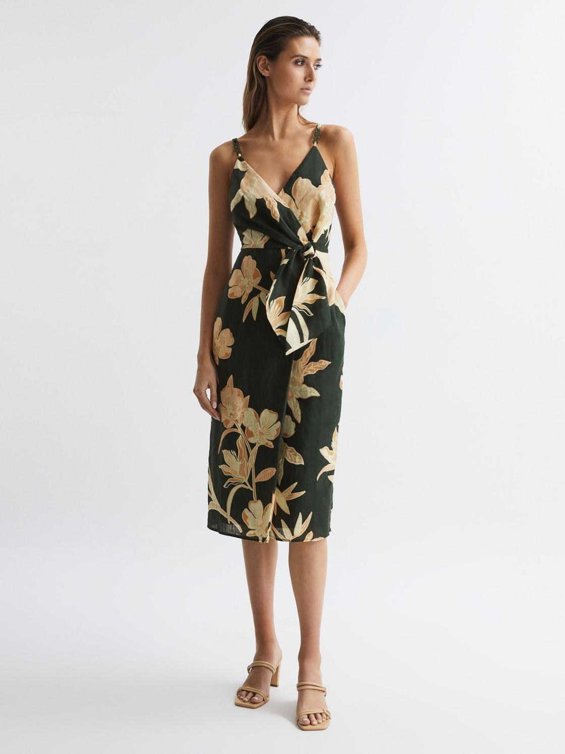 Reiss Dresses | Alice Fitted Floral Print Midi Dress Khaki - Women