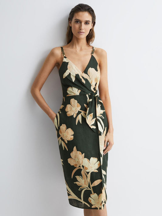 Reiss Dresses | Alice Fitted Floral Print Midi Dress Khaki - Women
