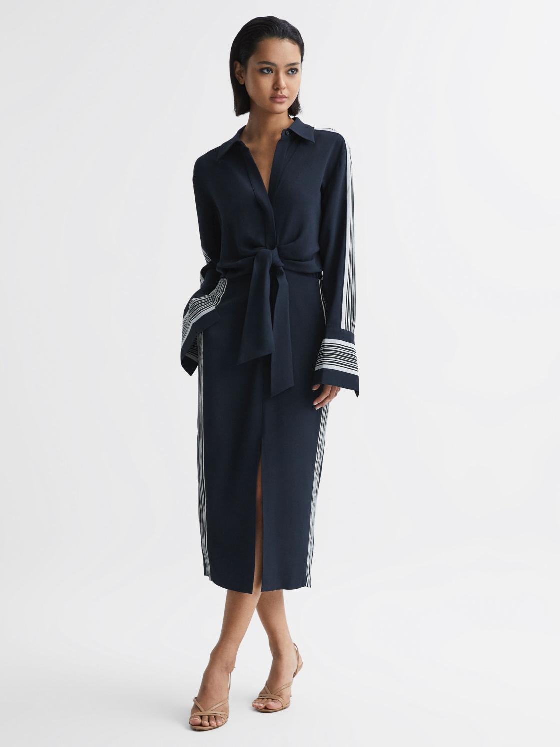 Reiss Dresses | Arabella Side Stripe Tie Front Midi Dress Navy - Women