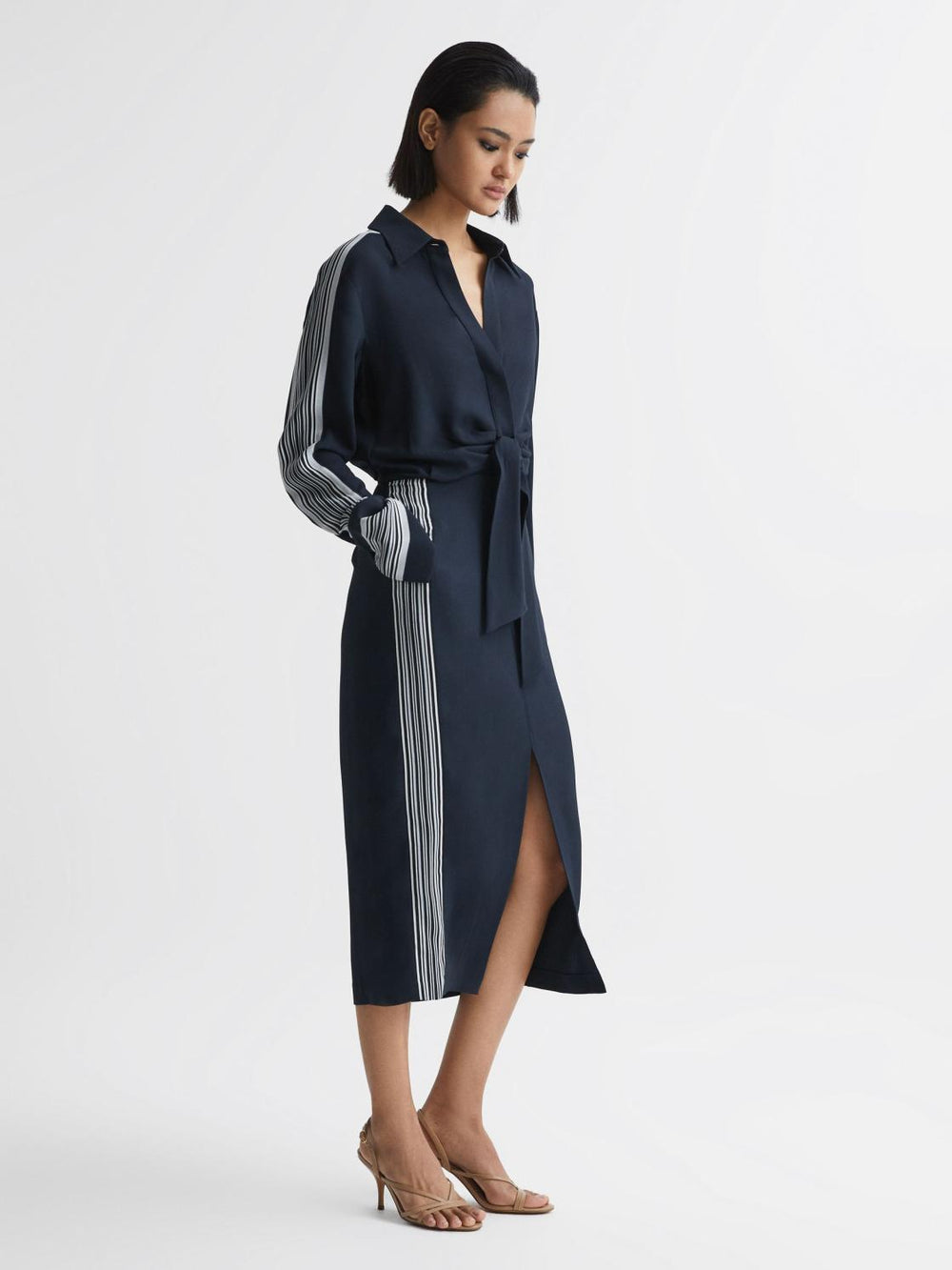 Reiss Dresses | Arabella Side Stripe Tie Front Midi Dress Navy - Women