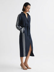Reiss Dresses | Arabella Side Stripe Tie Front Midi Dress Navy - Women
