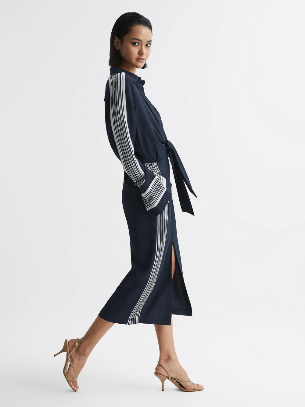 Reiss Dresses | Arabella Side Stripe Tie Front Midi Dress Navy - Women
