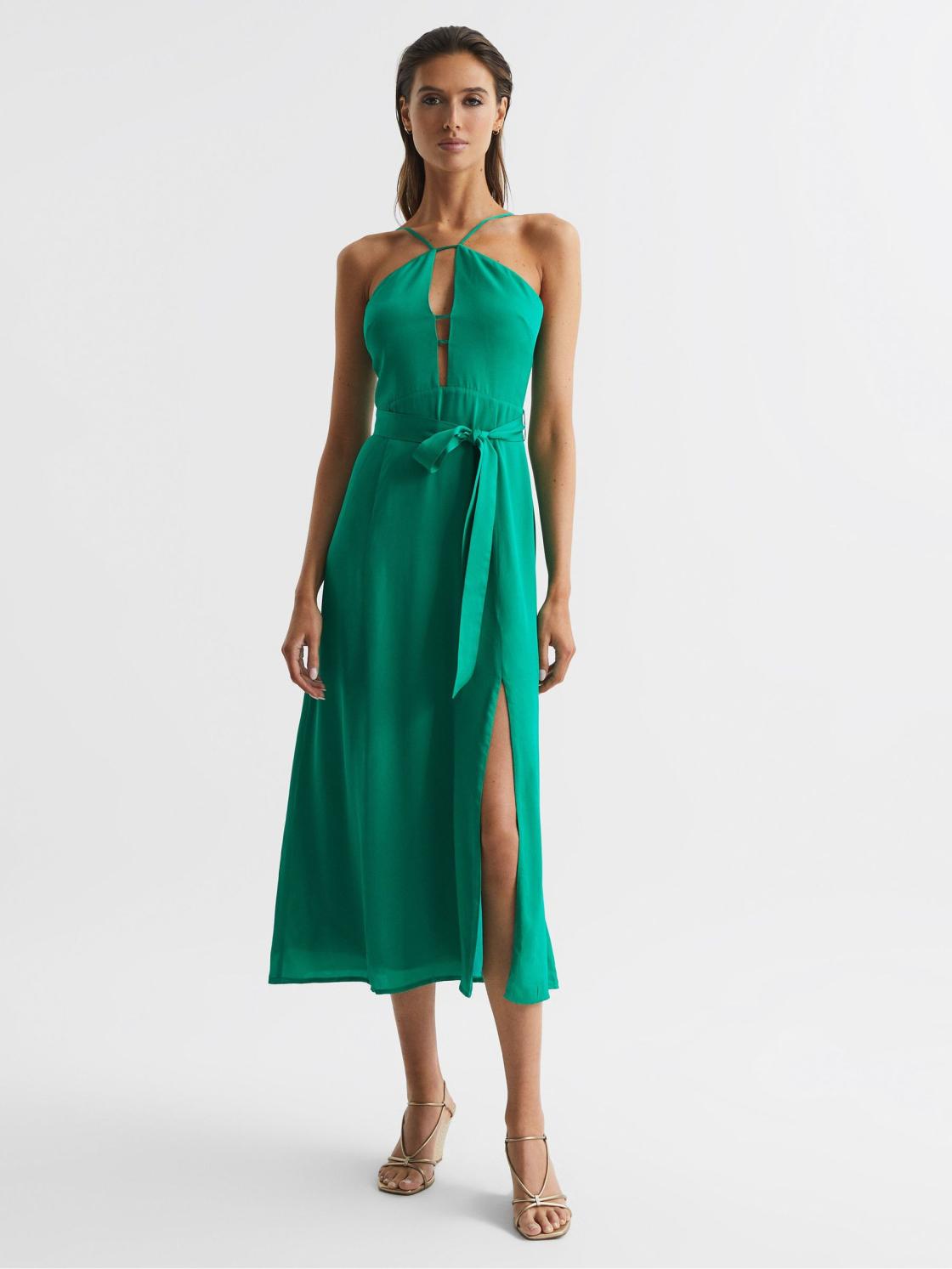 Reiss Dresses | Arianna Halter Neck Belted Midi Dress Green - Women