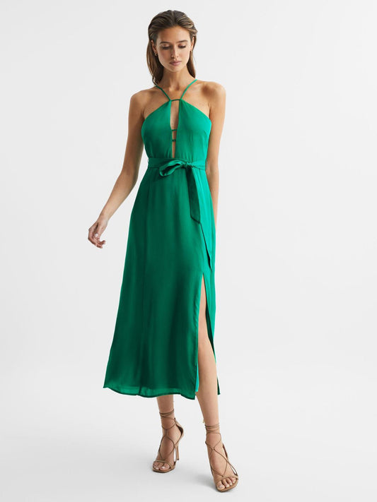 Reiss Dresses | Arianna Halter Neck Belted Midi Dress Green - Women